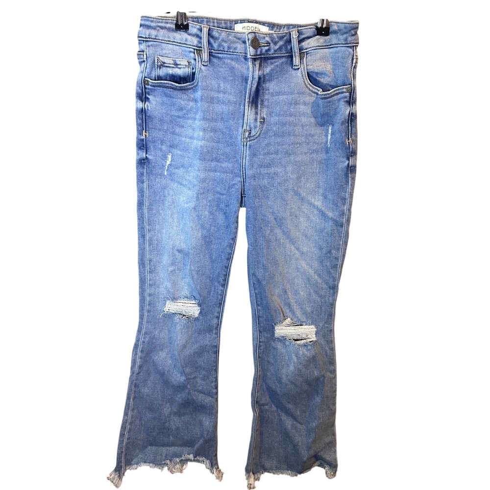 Hidden Jeans Distressed Flare Jeans Womens 29‎ Blue Excellent Raw Hem Knee Slit